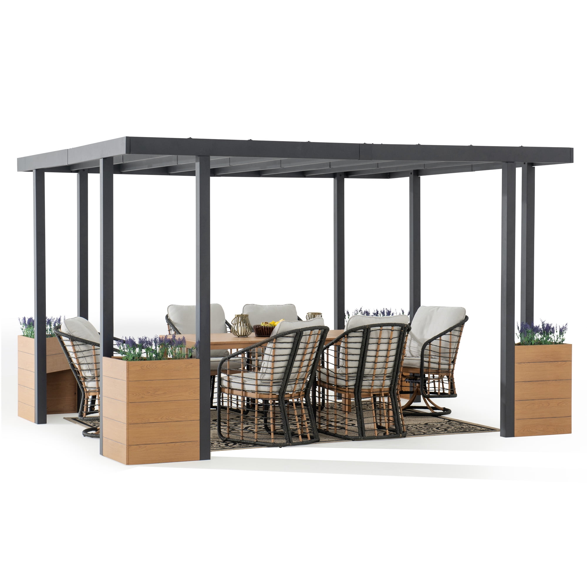 Sunjoy 10 x 12 ft. Outdoor Patio Black Steel Frame Pergola with Planters
