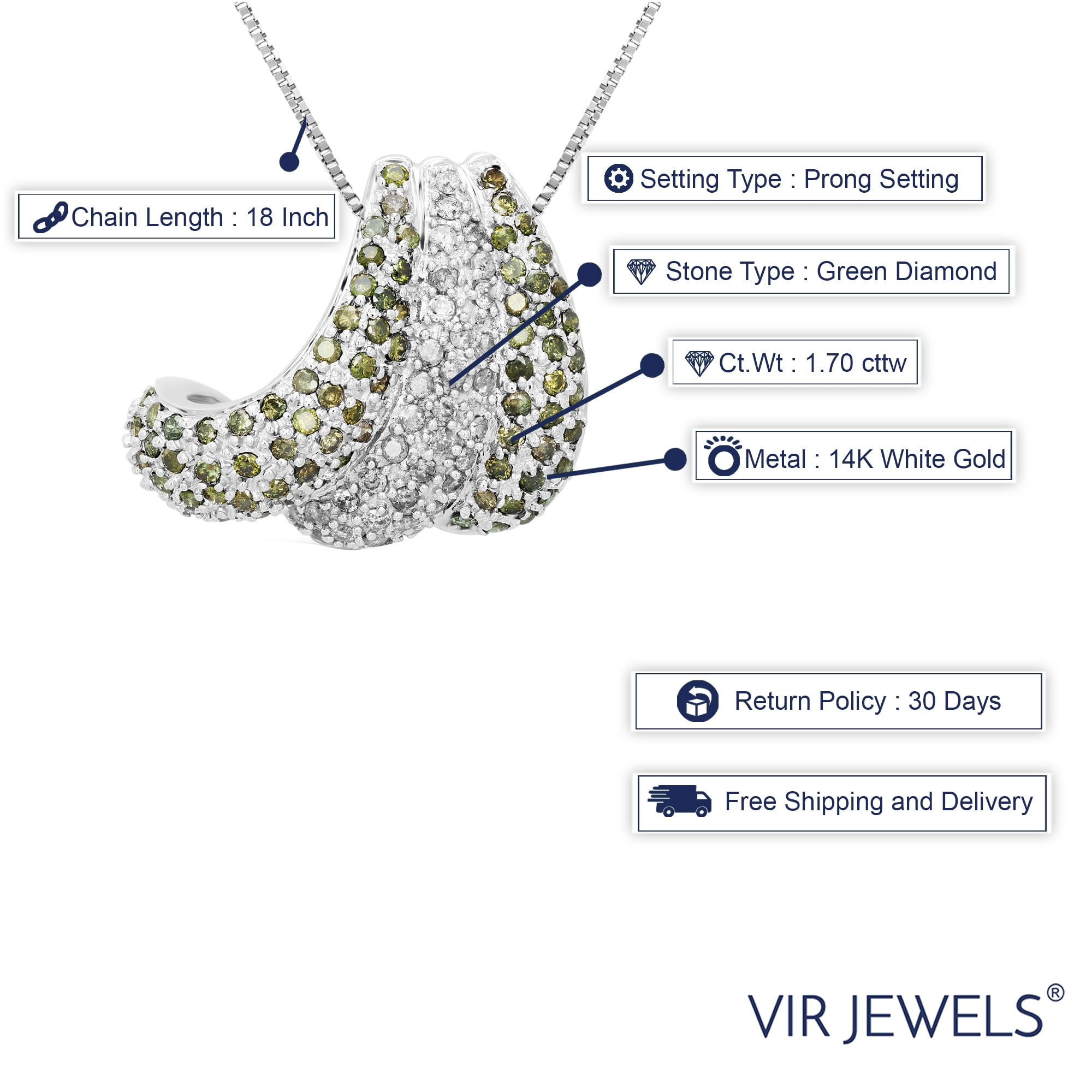 Vir Jewels 1.70 CTTW Diamond Pendant, Green and White Diamond Pendant Necklace for Women in 14K White Gold with 18 Inch Chain, Prong Setting For Female Adult