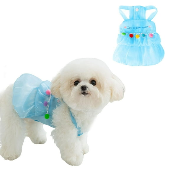 Small Dog Dress, Girl Puppy Bling Princess Skirt Dress with Plush Balls,Chihuahua Yorkie Clothes Outfit for Birthday Wedding Party Blue XS