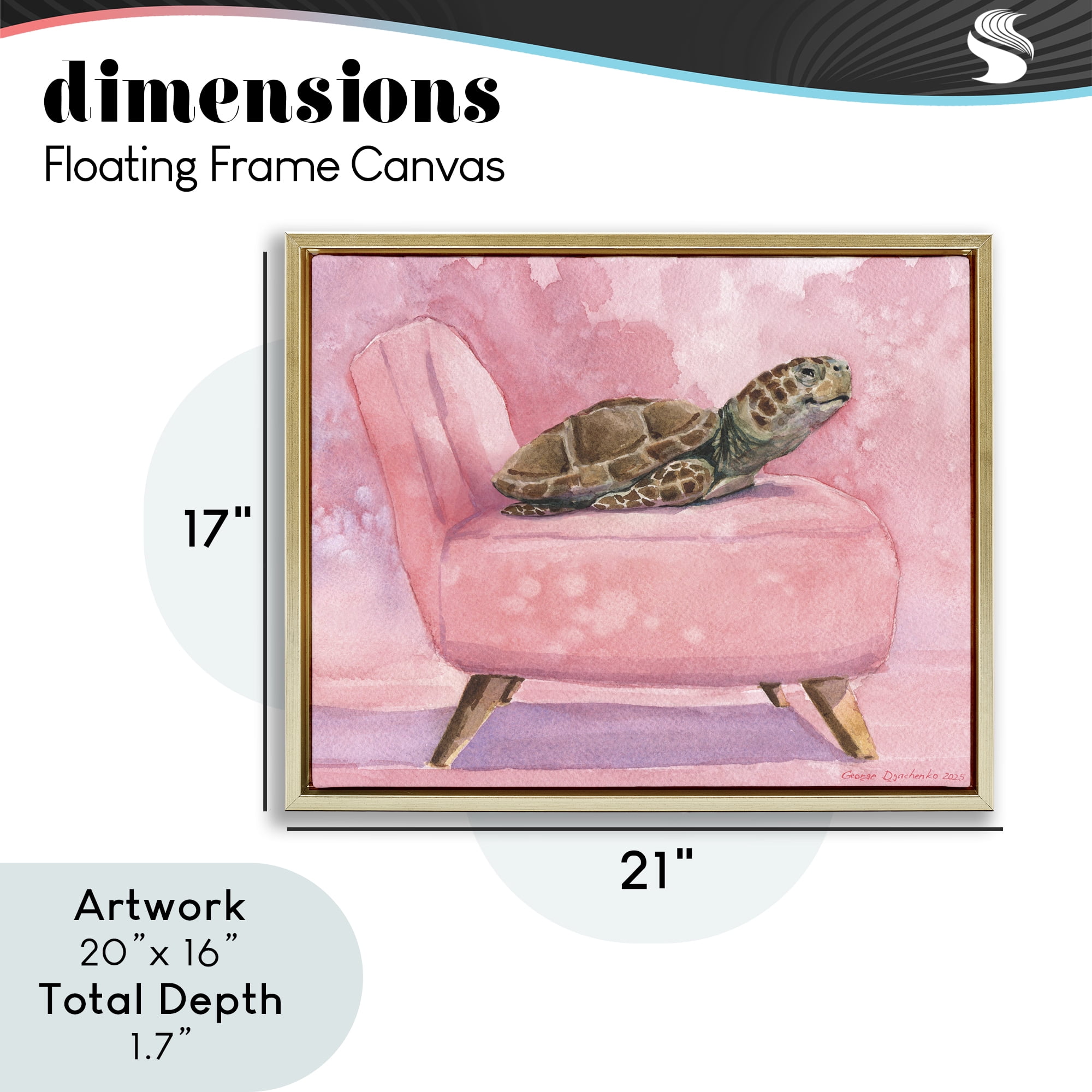 Stupell Industries Happy Turtle on Pink Chair Gold Framed Floater Canvas Wall Art, design by George Dyachenko
