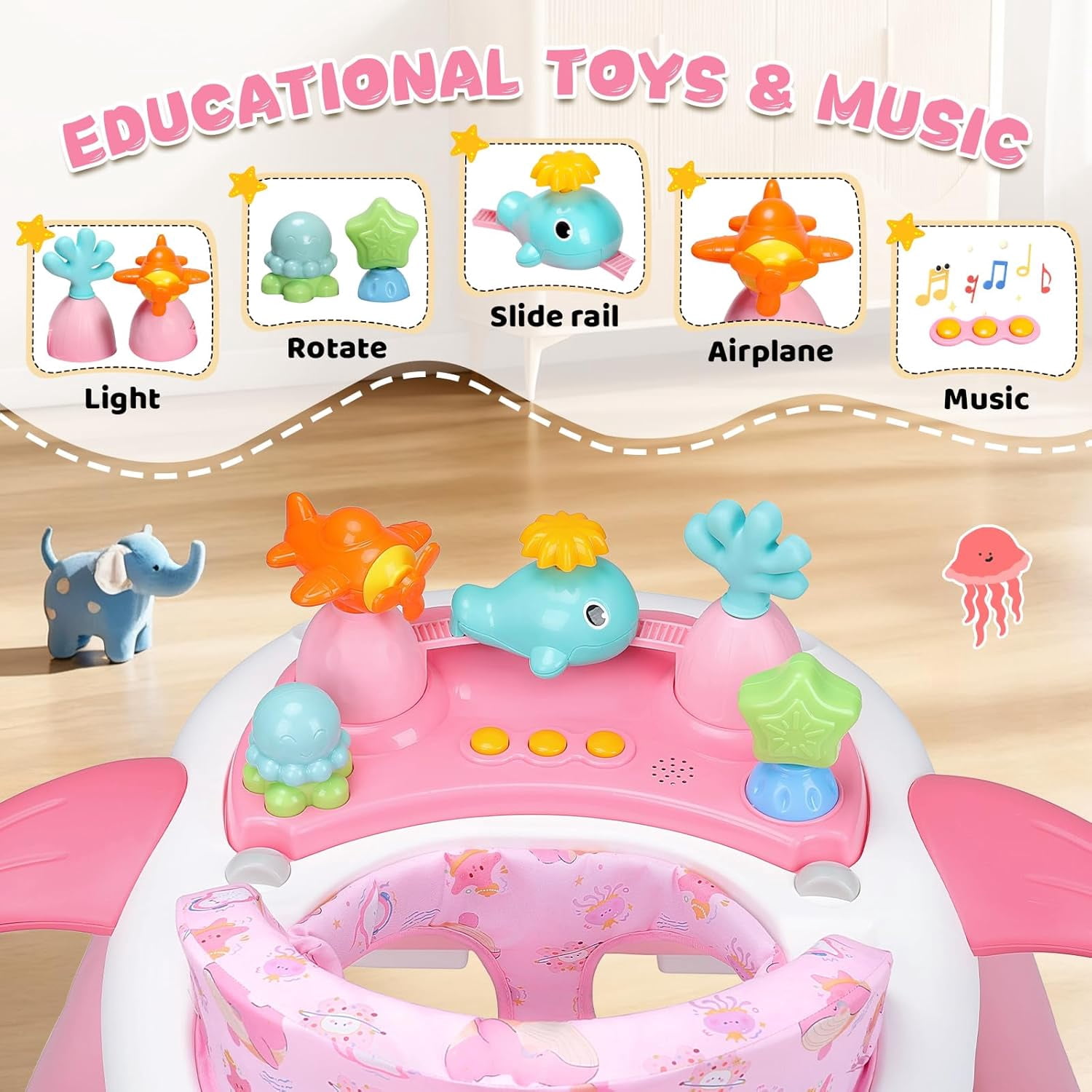 PRVAETU Baby Walker & Activity Center W/ Music & Lights,3 Adjustable Height, Anti-Rollover & Foldable for Infant Boy and Girl 6-18 Months,Pink Print