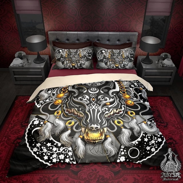 Kitsune Mask Bedding Set, Comforter or Duvet, Gamer Bed Cover, Bedroom Decor,