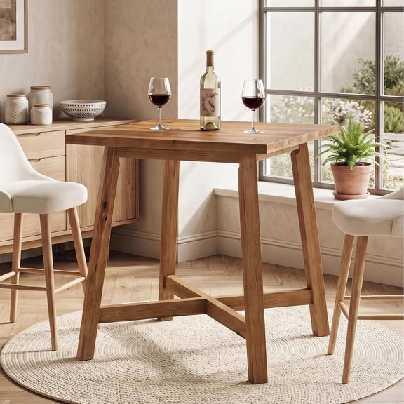 Finmind 31.5" Solid Wood Bar Table, Square Counter Height Pub Table with Footrest, Farmhouse Brown