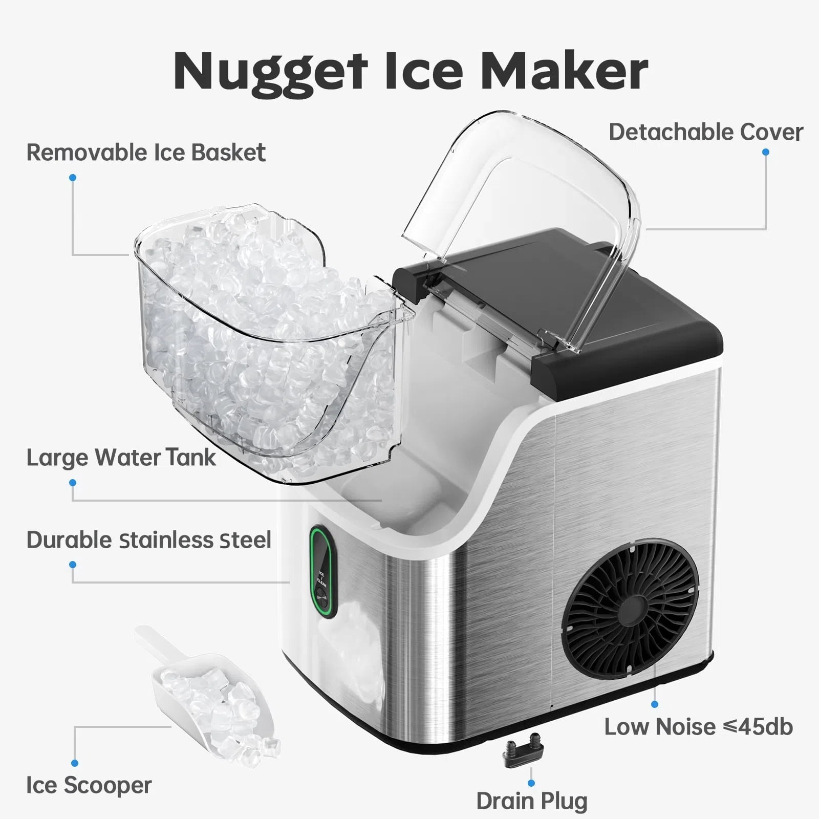 Philergo 35lbs/24H Nugget Ice Maker Countertops with LED Indicator, Portable Chewable Pebble Ice Machine with Self-Cleaning, Crushed Sonic Ice for Hmoe, Kitchen, RV, Stainless Steel