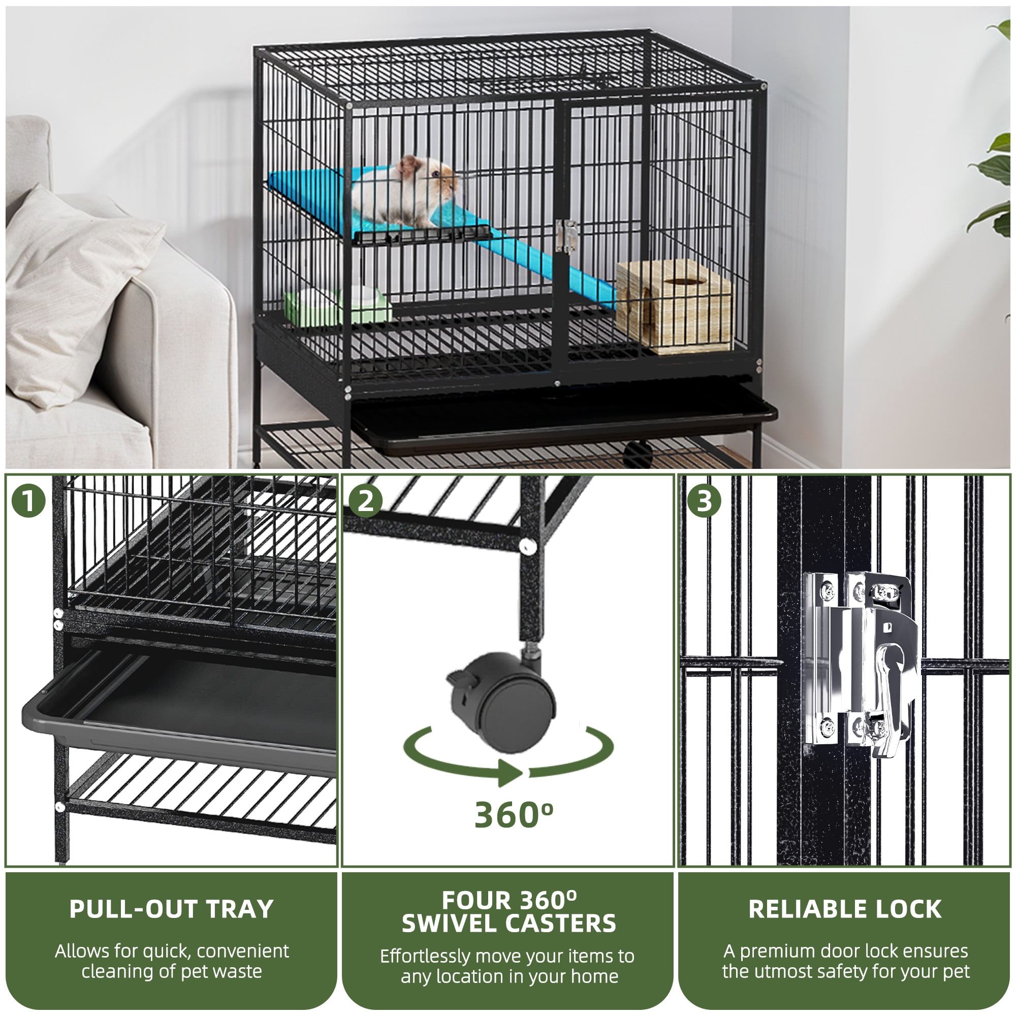 Uforic Small Animal Cage  with Platforms & stair,Indoor Metal 2-Tiers Animal Cage for Rabbits, Chinchillas and Hamsters,4 universal 360 °wheels,Black