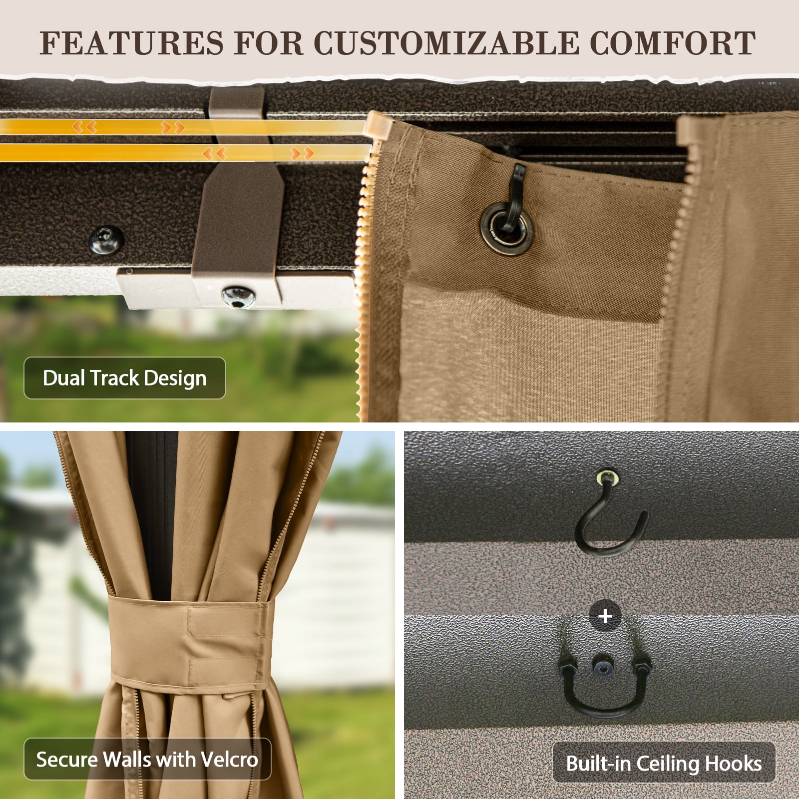 EAGLE PEAK 10'x12' Outdoor Patio Hardtop Gazebo with Aluminum Frame, Galvanized Steel Double Roof with Netting and Curtains, Brown