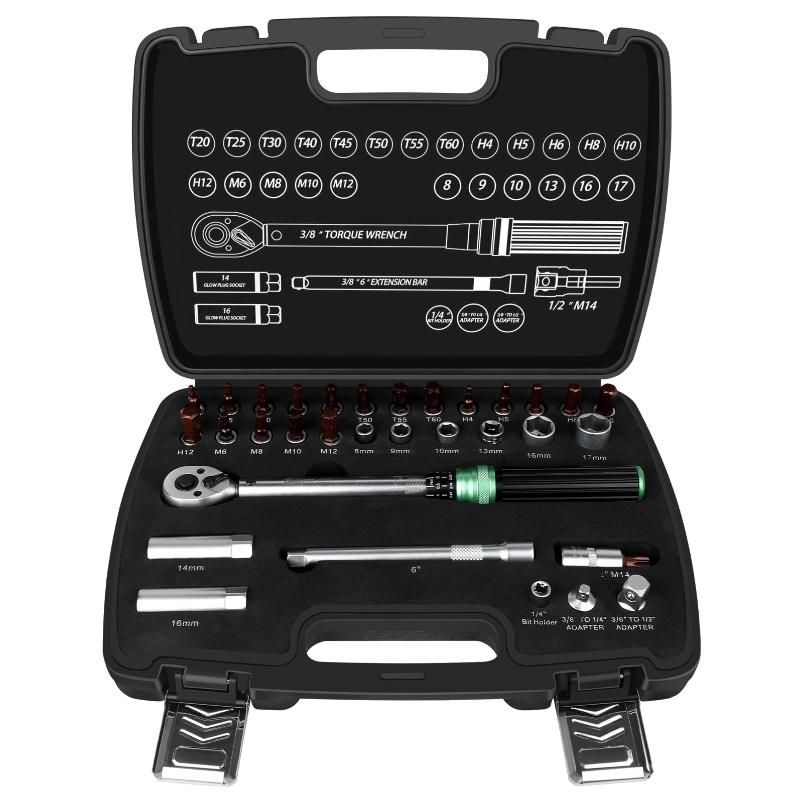3/8" Drive Click Torque Wrench Set, 5-60 N.m, 32PCS Professional Torque Tool Kit with Extension Bar, Adapter, Bits & Portable Case for Bicycle, Motorcycle, Car Maintenance