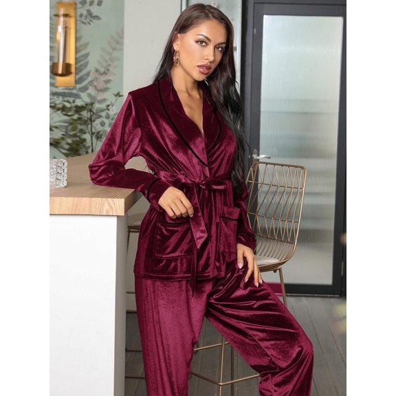 Ebukurty Women's Pajama Set 2-piece Red Long Sleeves Belted Robe V Neck Soft Sleepwear