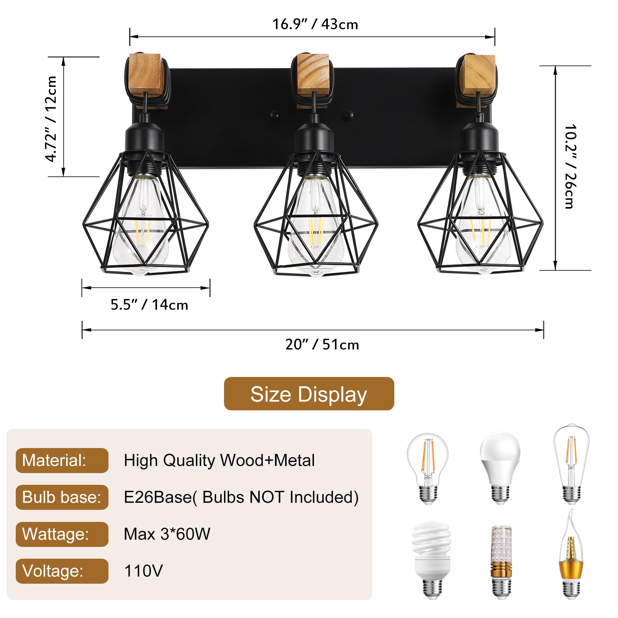 Black 3-Light Vanity Light Wood Metal Wall Fixture For Bathroom Bedroom Living Room Hallway