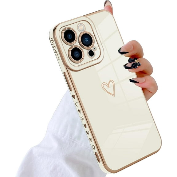 Luxury Love Heart Compatible with iPhone 12 Pro Max Case Cute for Women & Girls with Glitter Gold Plated Design Upgraded Full Camera Protection Soft TPU Shockproof Phone Cover-White
