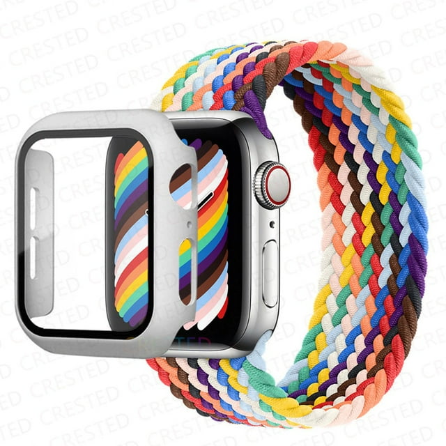 ALMNVO Apple Watch Band 41mm Screen Protector Case Braided Solo Loop Strap with Protective Case, Stretchy Wristband Elastic Nylon Strap Bracelet for iWatch Series 7,Rainbow