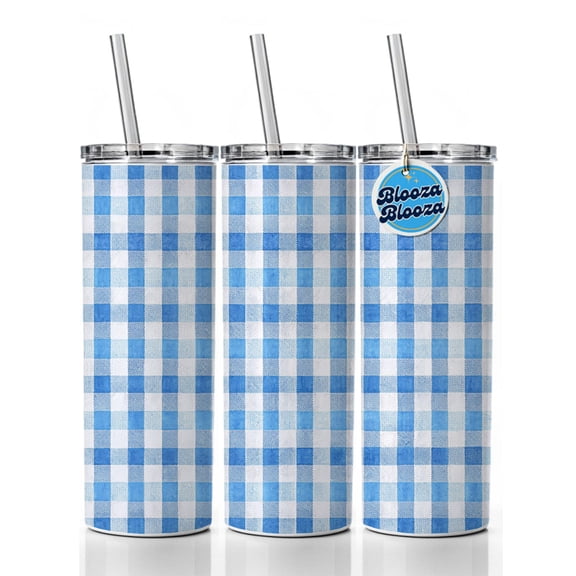 Blue White Gingham Watercolor 20oz Insulated Water Bottle Skinny Tumbler Includes Straw