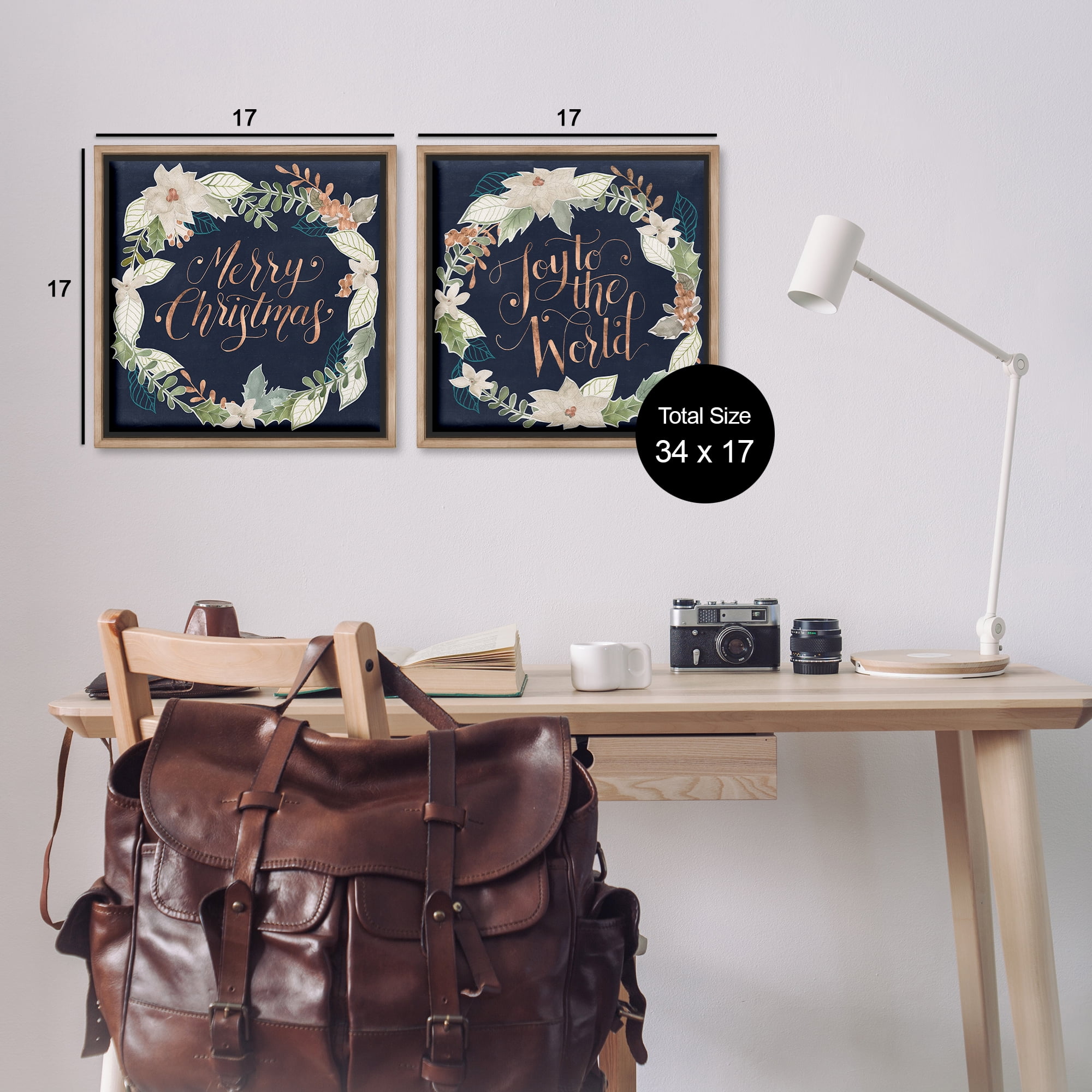 Stupell Industries Merry Christmas Joy Wreath Holiday Painting Brown Floater Framed Canvas Art Prints Wall Art, 18 x 18, Set of 2