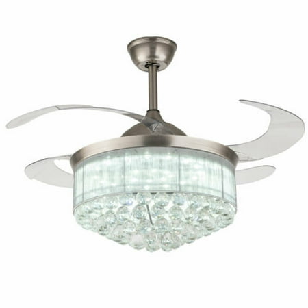 

OUKANING 36 Ceiling Fan Light LED Lamp Crystal Retractable 3-Color Chandelier with Remote