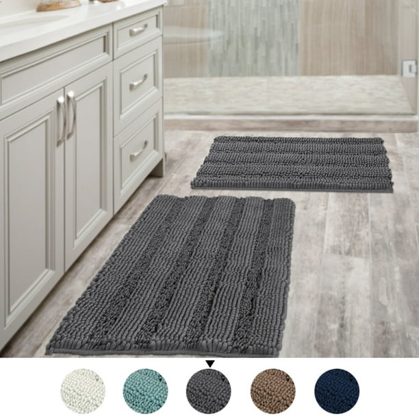 Grey Bath Mat Ultra Thick And Soft Texture Chenille Plush Striped