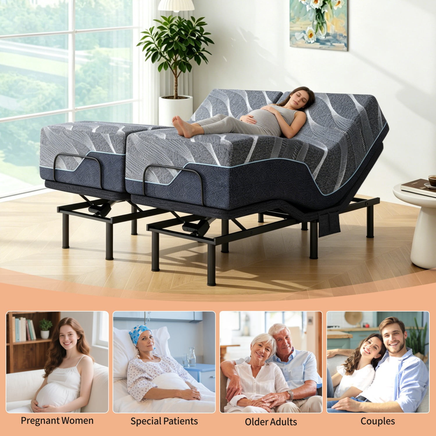 Split King Adjustable Bed Frame with Mattress – 12 Inch Grey Gel Memory Foam Mattress in Box, Electric Base with LED Light, USB Ports, Wireless Remote, Zero Gravity, Anti-Snore