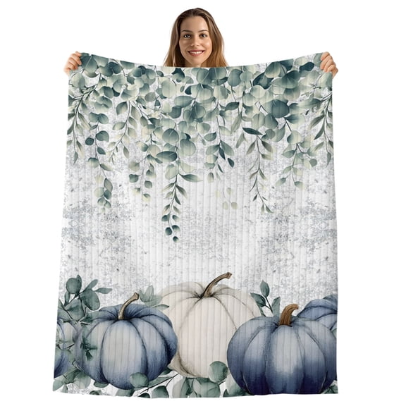 Blue Pumpkins Fall Throw Blanket, Flannel Fleece Blanket with Striped Design for Couch, Vintage Eucalyptus Leaves Thanksgiving Soft Breathable All Season Plush Blankets for Loveseat Sofa Bed 60"x80"
