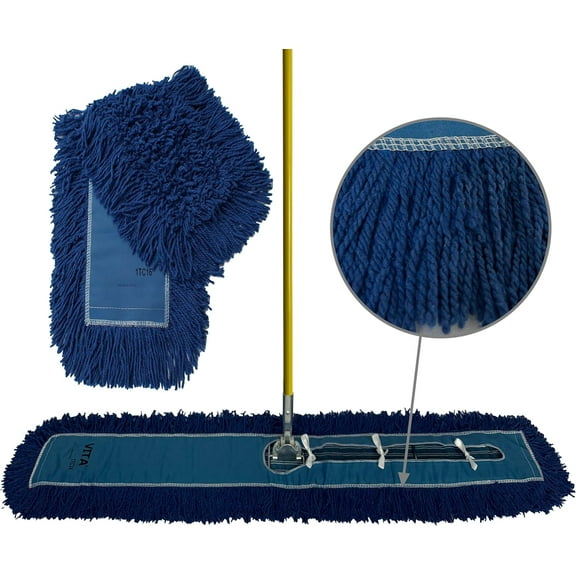 Industrial Dust Mop Kit – Includes 5 Inch Wide Closed Loop Mop Head, Fiberglass Handle, and Heavy-Duty Wire Frame – Commercial Grade - Blue 60 Inch