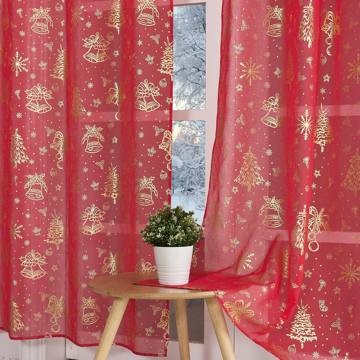 NICETOWN Christmas Sheer Curtains for Living Room, Red Grommet Curtains for Bedroom Window Drapes for Home Decor, W52 x L84, 2 Panels