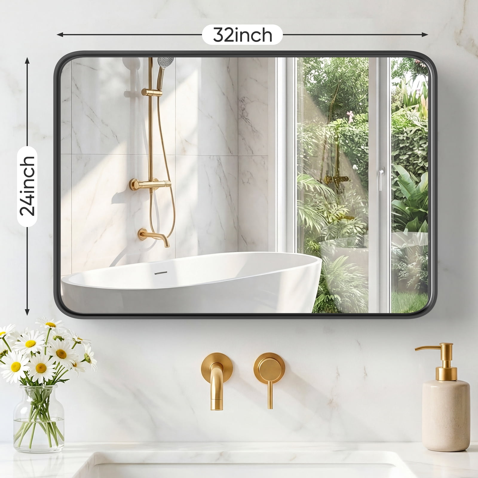 Gianna Anti-Fog Bathroom Wall Mirror – 24" x 32" Shatterproof Vanity Mirror with Rectangular Metal Frame, Black