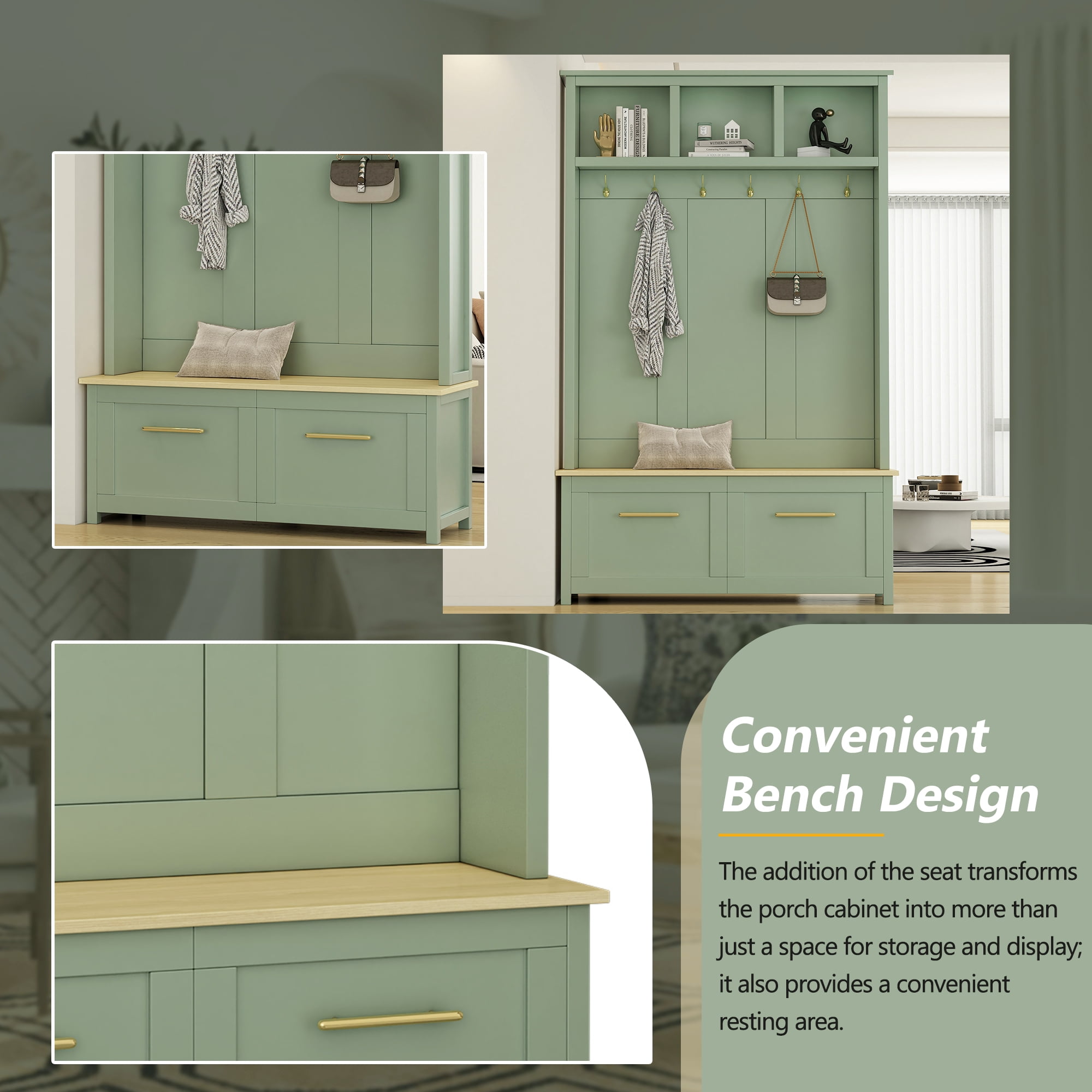 Mintazer 76.6"H Entryway Hall Tree with Bench & 2 Storage Drawers, 4-in-1 Entryway Organizer with Open Hutch Cubbies & 6 Golden Hooks for Mudroom Hallway, Green