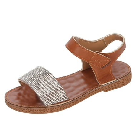 

KIJBLAE Women Summer Sandals Bling Rhinestone Flat Beach Shoes Ladies Open Toe Sandals Plus Size Bohemia Sandals Brown 40