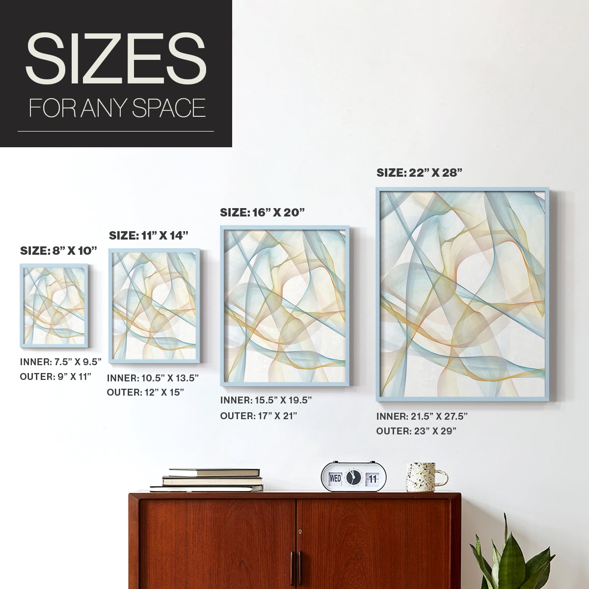 Curves and Waves III Framed Print in Blue Solid Wood Framed Print No Nail Hanging