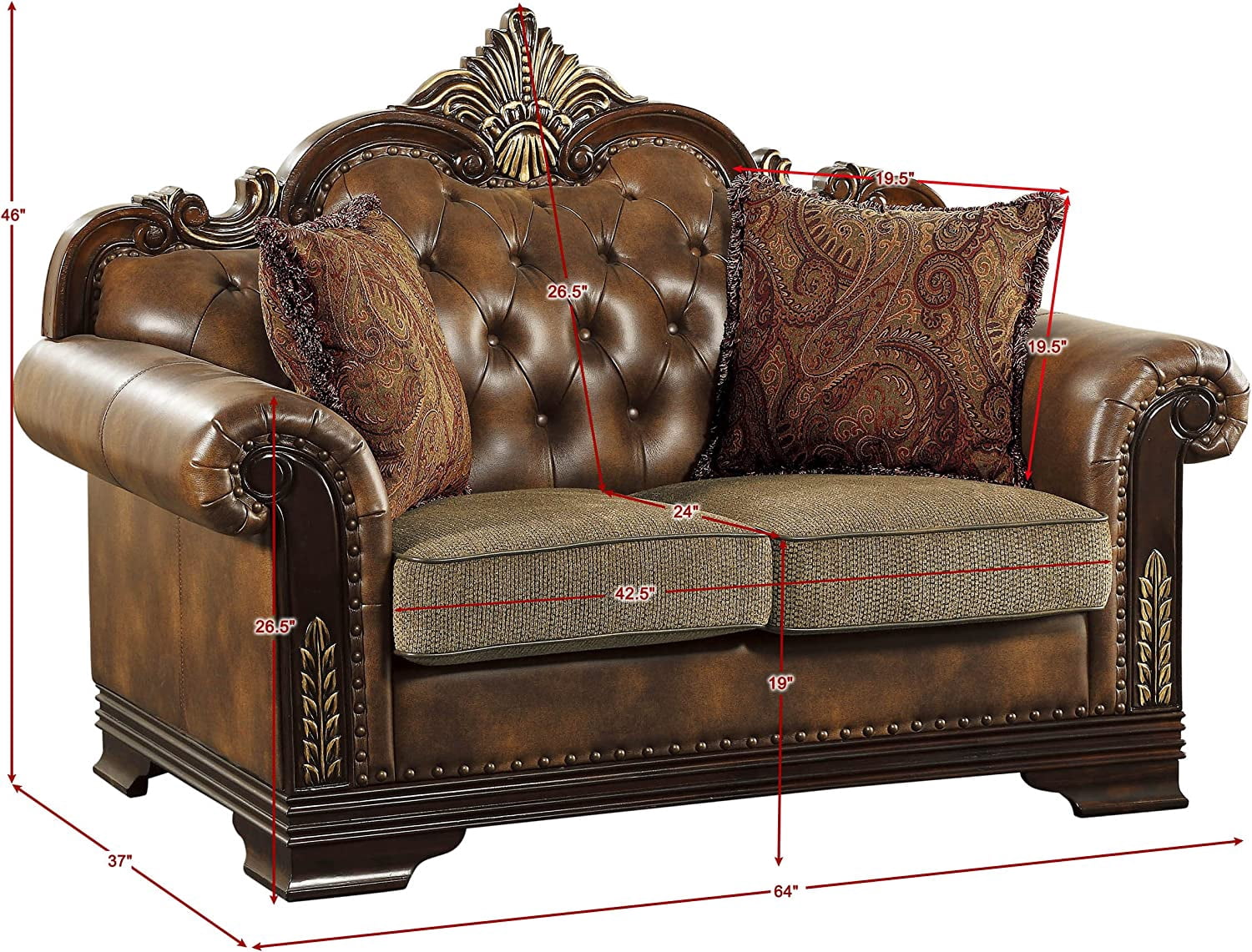 Homelegance Croydon Traditional Two-Tone Love Seat, 65"W, Brown PU Leather