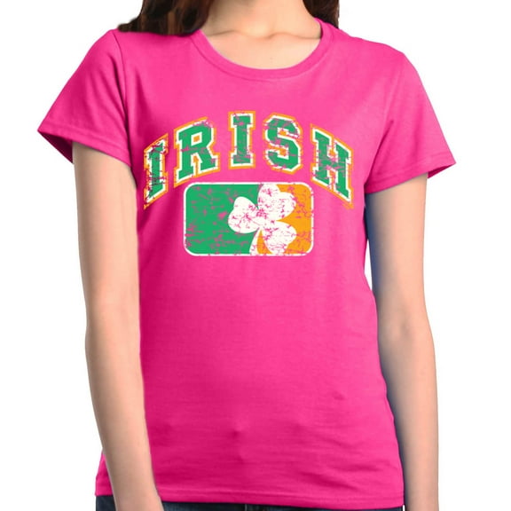 Shop4Ever Women's Distressed Irish Flag St. Patrick's Day Graphic T-Shirt Medium Heliconia Pink