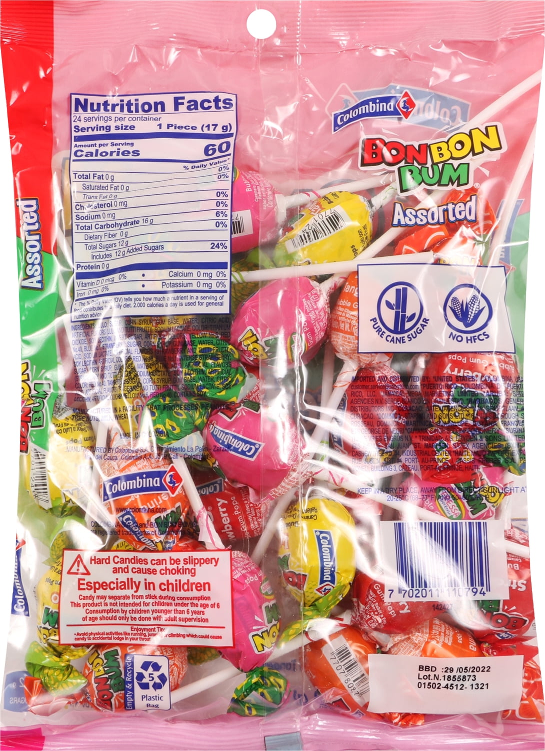 (5 pack) Colombina Bon Bon Bum Lollipops, Classic Assorted Flavor, 24 Count