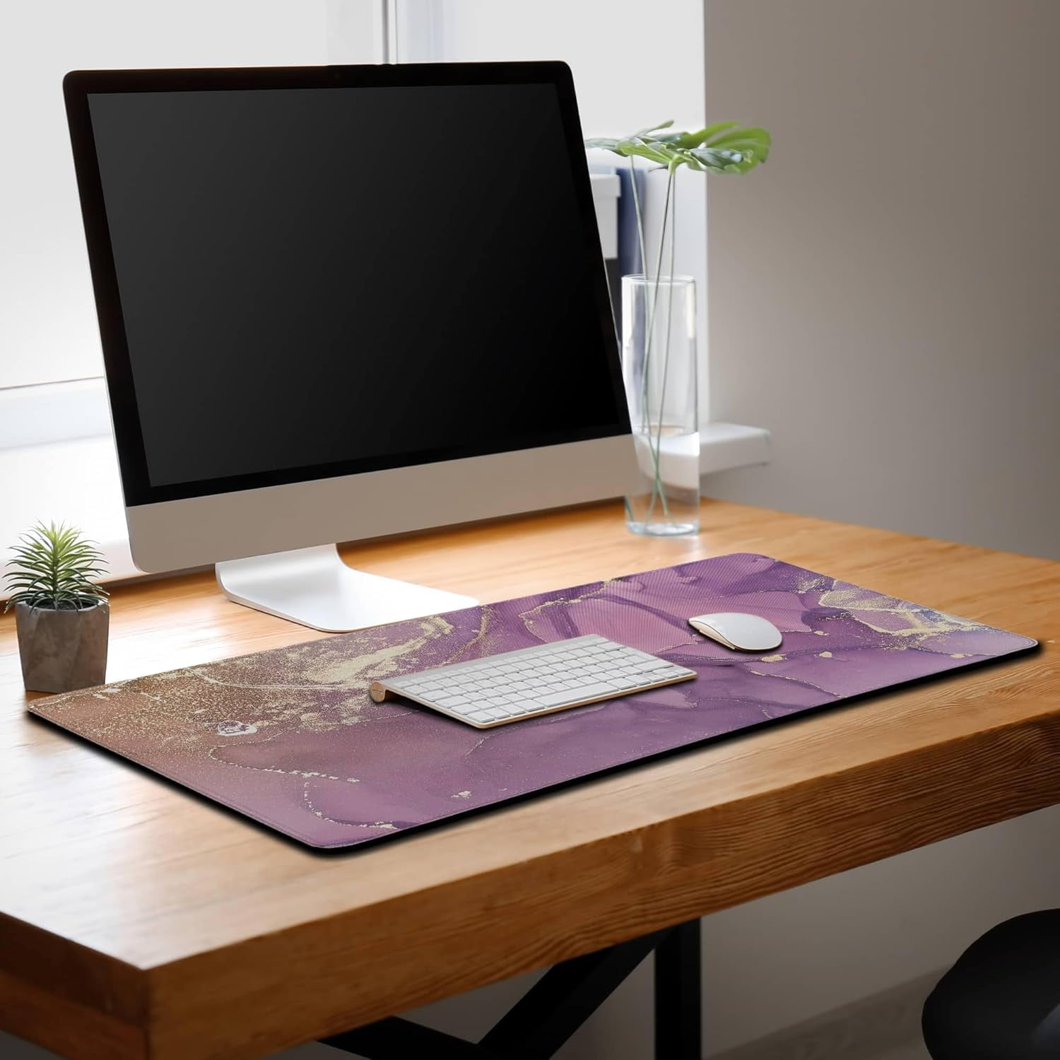 Gaming Mouse Pad Purple Mat, XXL Mousepad Gaming Mouse Pad for Women Desktop Mats, Office Pad Non-Slip Rubber Base Waterproof with Stitched Edges, 35.4 X 15.7 inch for Work/Game/Office/Home