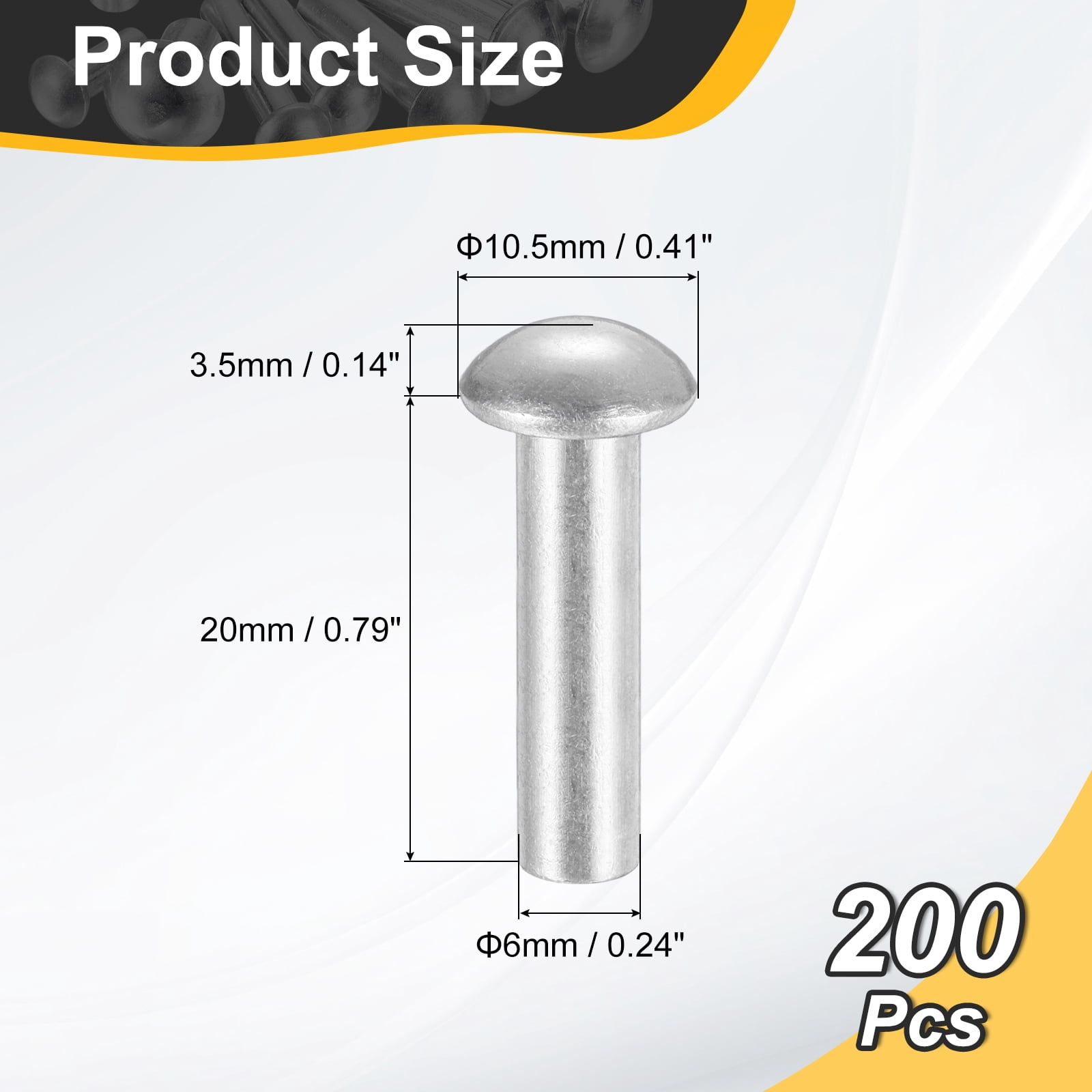 200Pack Brazier Head Rivets, M6 x 20mm Aluminum Solid Rivets, Silver Tone