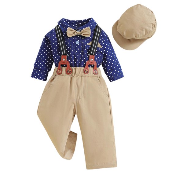 Owordtank Baby Boys Gentleman Outfits Sets, Infant Shirt Pants Bow Tie Suspenders Cap