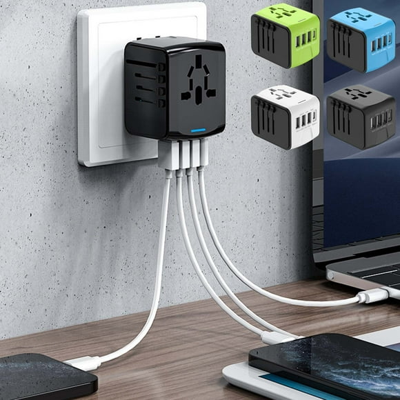 Adaptador de viaje universal con 4 puertos USB y Tipo C - Estación de carga todo en uno para viajes internacionales a 150+ países