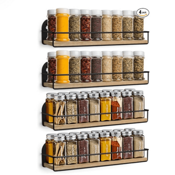 4 Pack Spice Rack Wall Mounted Rustic Style Hanging Spice Organizer for Wall, Kitchen Spice Storage, Black