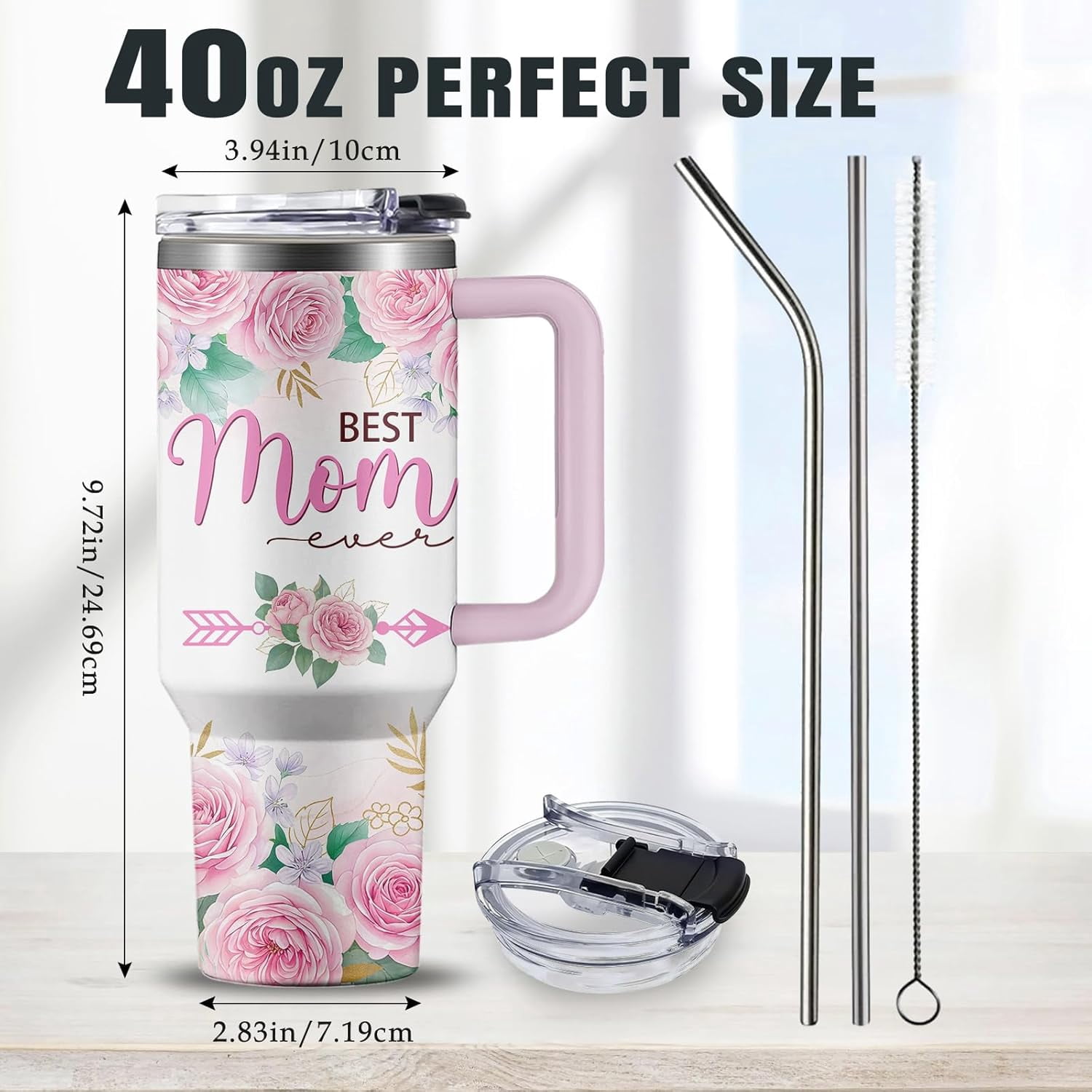 Best Mom Tumbler 40oz with Handle - World's Greatest Mom Gifts for Women, Insulated Travel Coffee Mug, #1 Moms Cup with Lid & Straw, Christmas Birthday Mothers Day Present