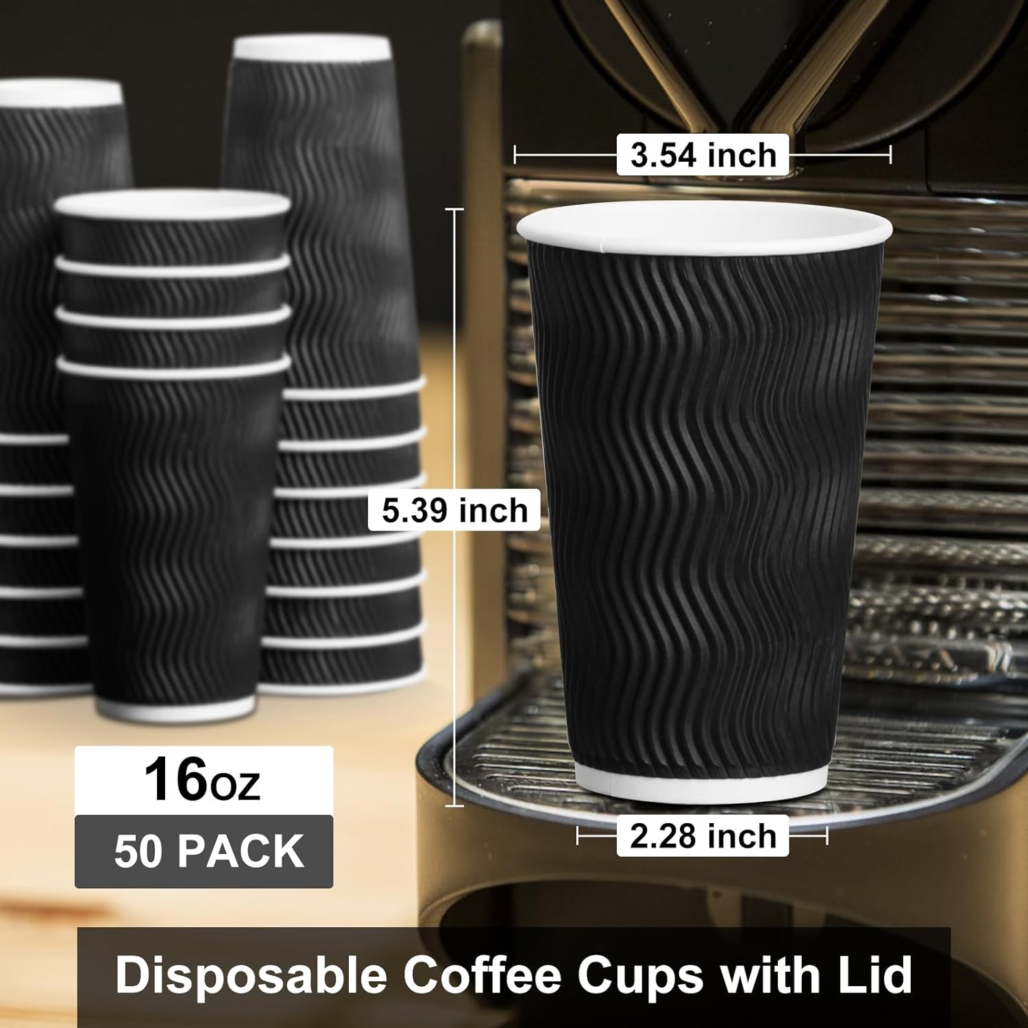 16oz Insulated Ripple Double-Walled Disposable Cups with Lids - 50Pack for Beverages, Espresso, Tea, Parties and Travel