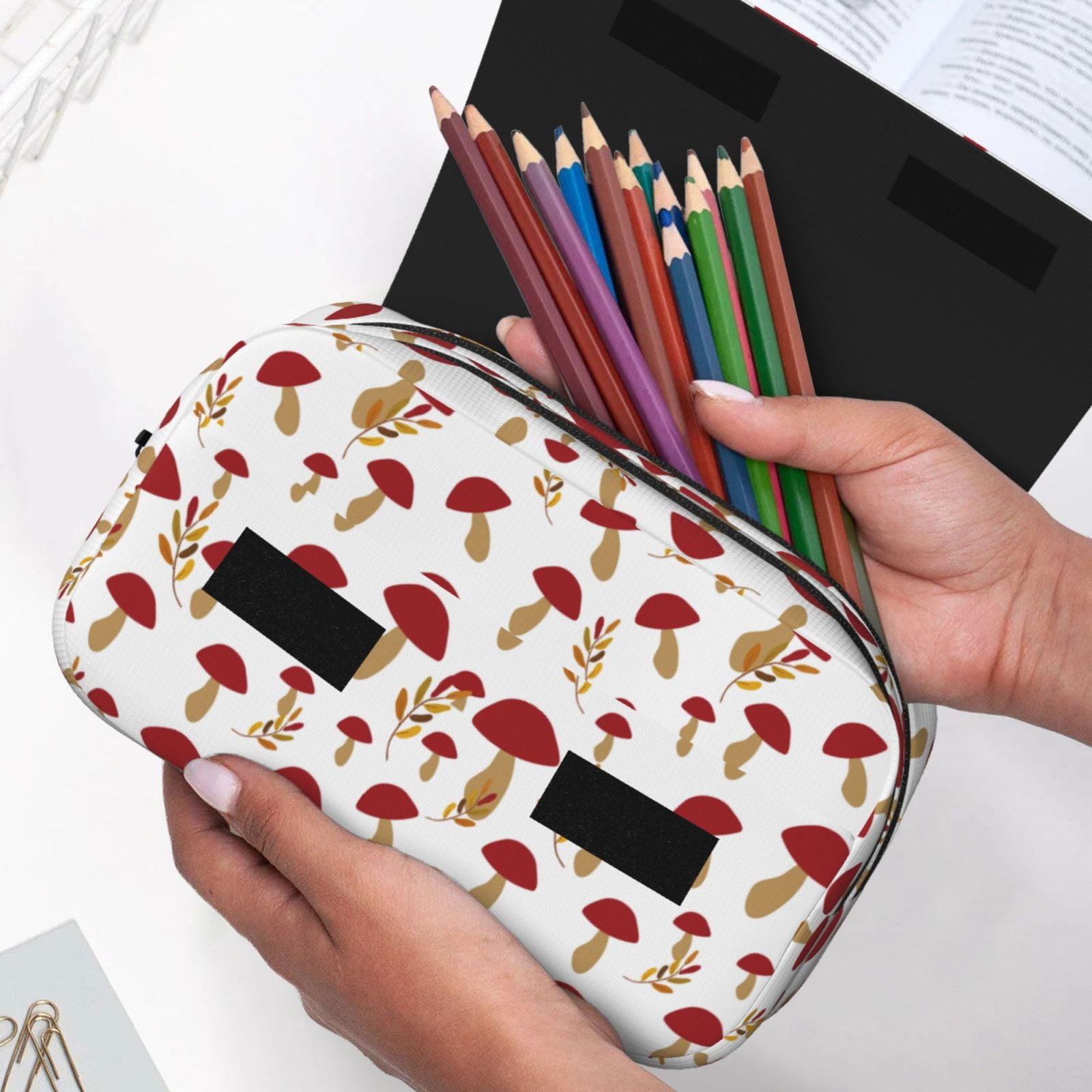 Rateoe Red Mushroom Pattern Double Clamshell Pen Case, Storage Organizer with Two Zipper Compartments– Holds Up to 50 Pencils & Pens
