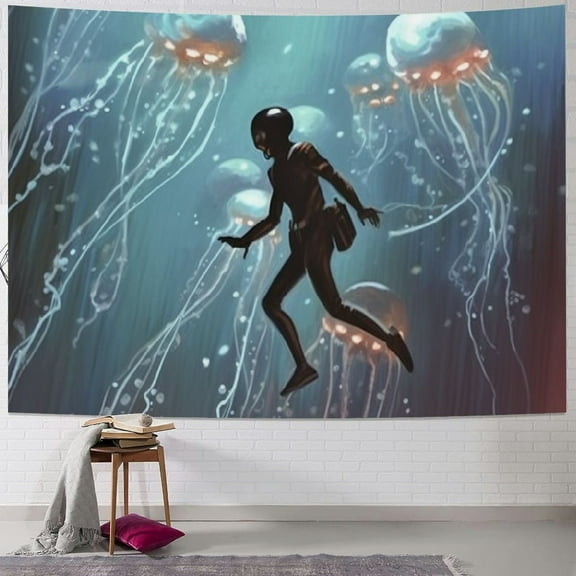 SHERONV Astronaut Jellyfish Tapestry, Captivating Galaxy Space Ocean Tapestries, Bohemian Hippie Boho Trippy Indie Aesthetic Mystic Wall Hanging, Wall Art for Backdrop Bedrooms Living Rooms 40x30inch