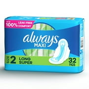 Always Maxi Pads with Wings, Long Super Absorbency, Size 2, 32 Ct