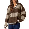 thumbnail image 1 of MeetoTime Womens V Neck Oversized Sweaters Striped Long Sleeve Cable Knit Preppy Jumper Tops, 1 of 7