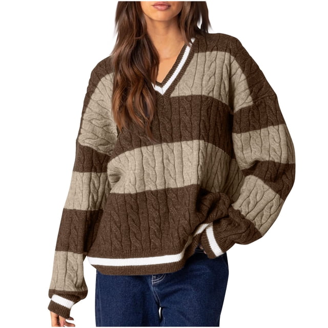 MeetoTime Womens V Neck Oversized Sweaters Striped Long Sleeve Cable Knit Preppy Jumper Tops