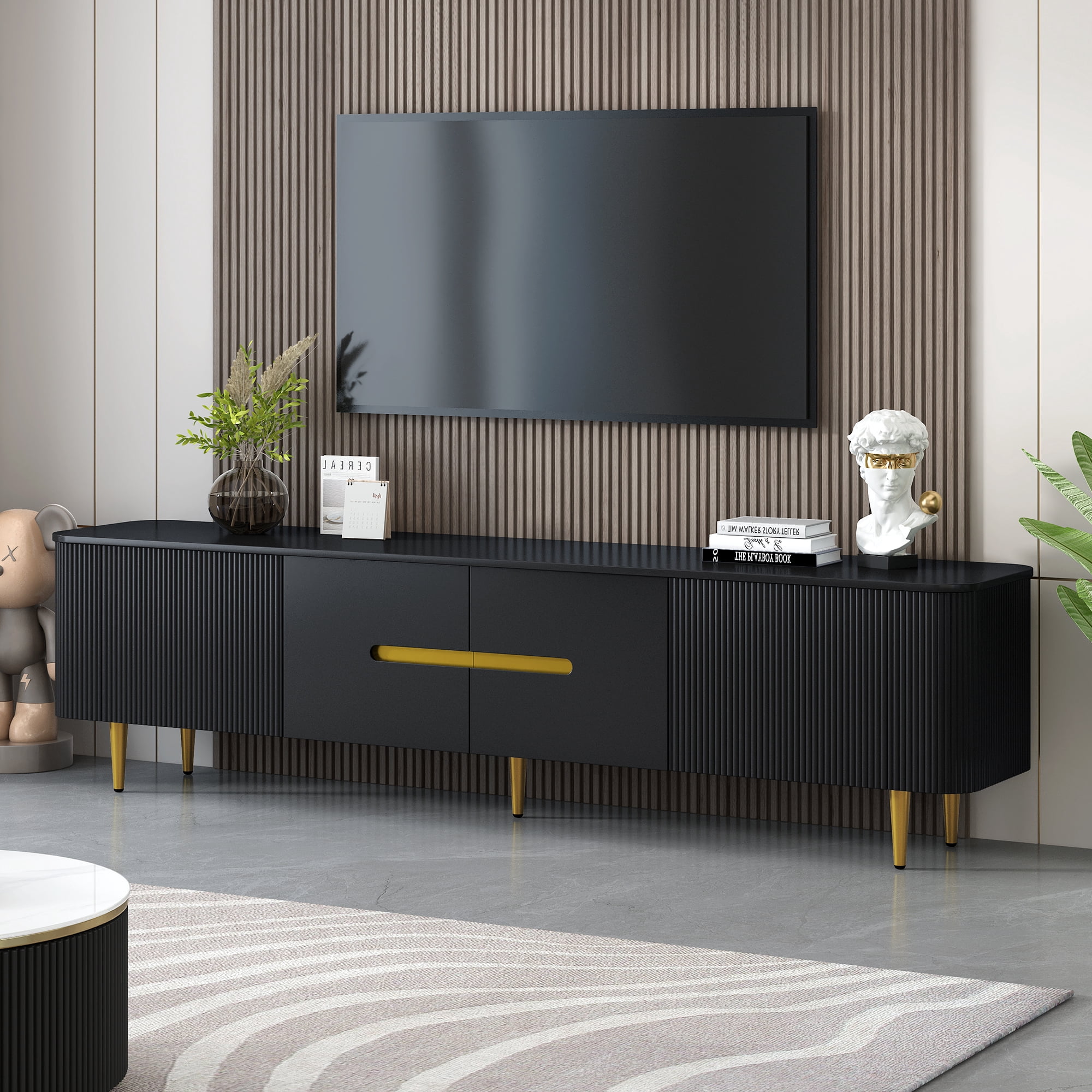 Harmie 78.7'' Minimalist TV Stand for TVs Up to 85 Inches, Modern Entertainment Center Media Console with 4 Cabinets & Cable Management for Living Room, Black