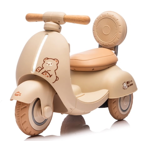 12V Ride On Electric Motorcycle with Remote Control, Three-Wheel Scooter with Wooden Handle and Soft-Start, Dual Motor Drive Electric Toy for Aged 1-3, Beige