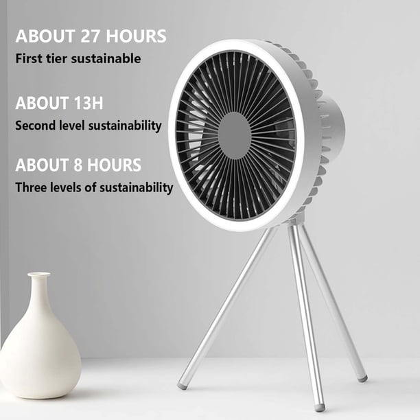 Ventilador trípode portátil con luz nocturna y power bank - 3 en 1 para acampada, oficina, ventilador de sobremesa, batería de 10000mAh, 3 velocidades y temporizador, uso colgado/de pie