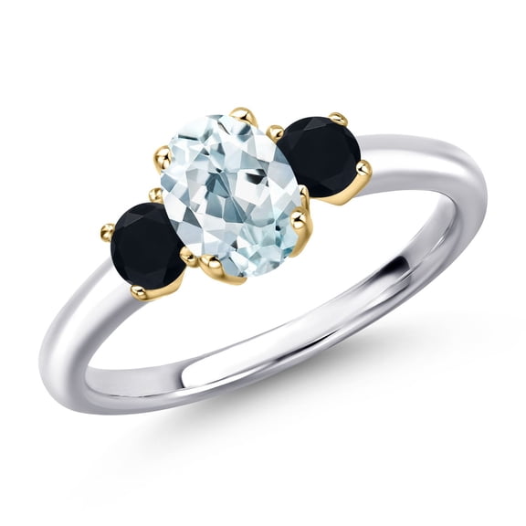 Gem Stone King 925 Silver and 10K Yellow Gold Sky Blue Aquamarine and Black Onyx Engagement Ring for Women | 1.01 Cttw | Oval 7X5MM | Gemstone March Birthstone | Size 5