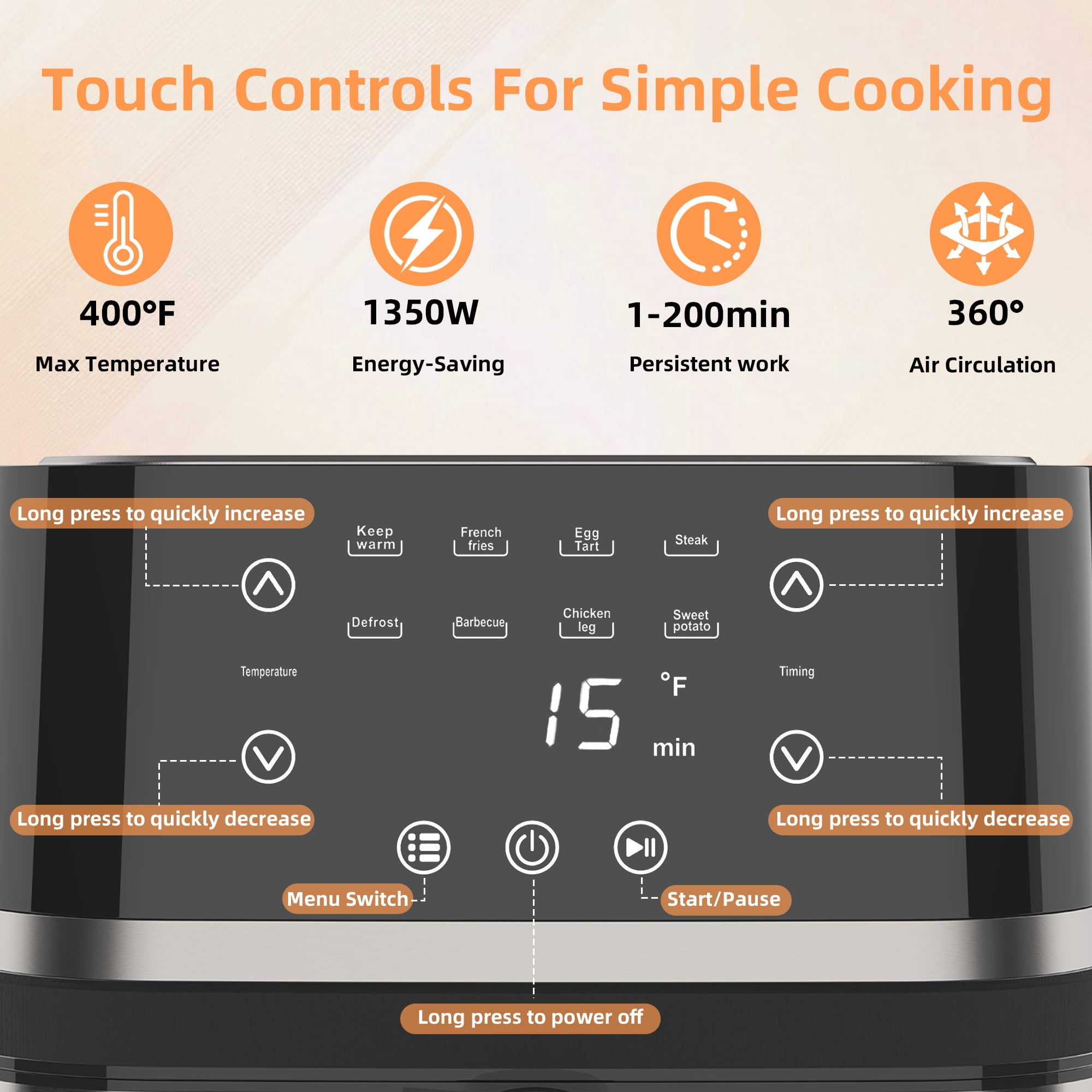 AboveMoon Stainless Steel 8Qt Large Digital Air Fryer with Window for Kitchen Use,Touchscreen Display,400F,Kitchen Appliances,NonStick Basket,Black airfryer