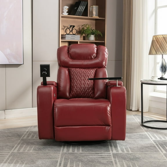 Miekor Furniture 270 Degree Swivel PU Leather Power Recliner Individual Seat Home Theater Recliner with Tray Table, Phone Holder, Cup Holder, USB Port, Hidden Arm Storage for Living Room, Red 14253