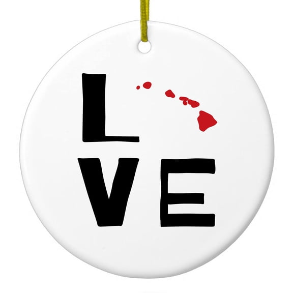 DistinctInk Hanging Ceramic Christmass Tree Ornament with Gold String - Great Gift / Present - 2 3/4 inch diameter - Hawaii - Love Black & Red