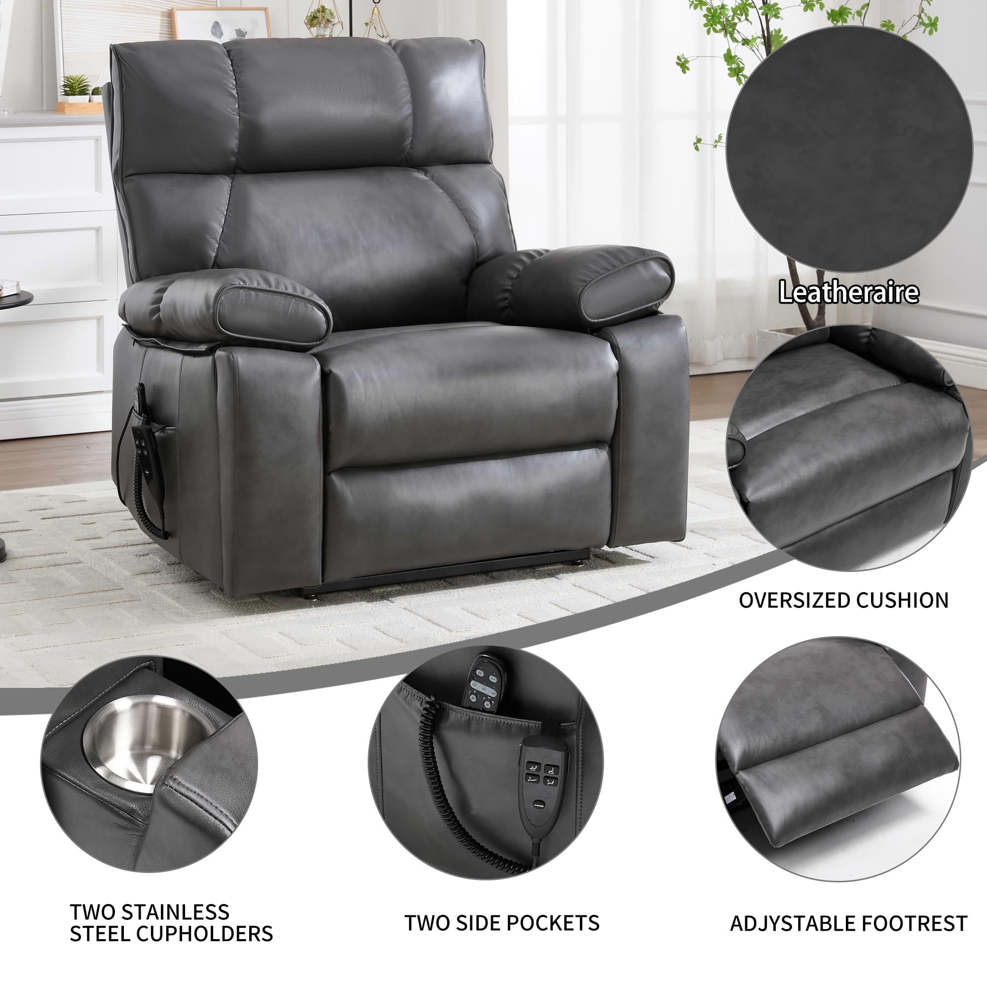 MAYEERTY Dark Gray Dual Motor Power Lift Recliner, 350lbs Infinite Position Massage Heat Hidden Cup Holders for Elderly 41"x37"x42"